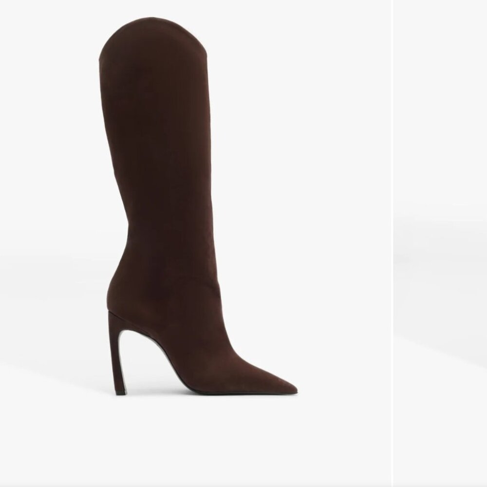 Schutz Maryana Sculpt Boot in Dark Chocolate burgundy knee high heeled leather